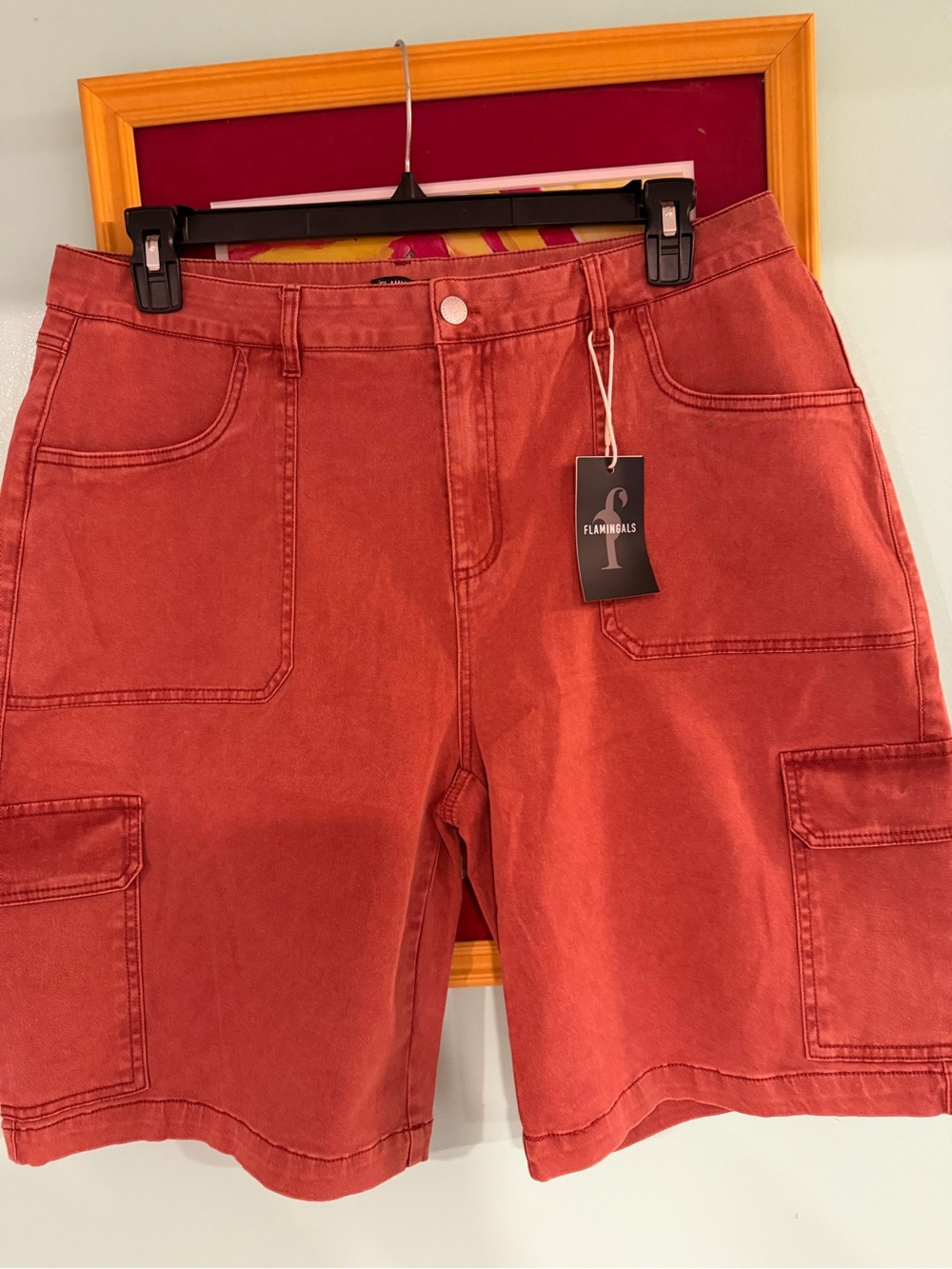NWT Flamingals Plus Size 2XL 14/16, Coral Red Cargo Denim Bermuda Shorts, $30